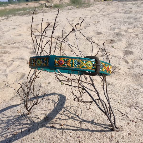 Hand Embroidered leather belt (green)